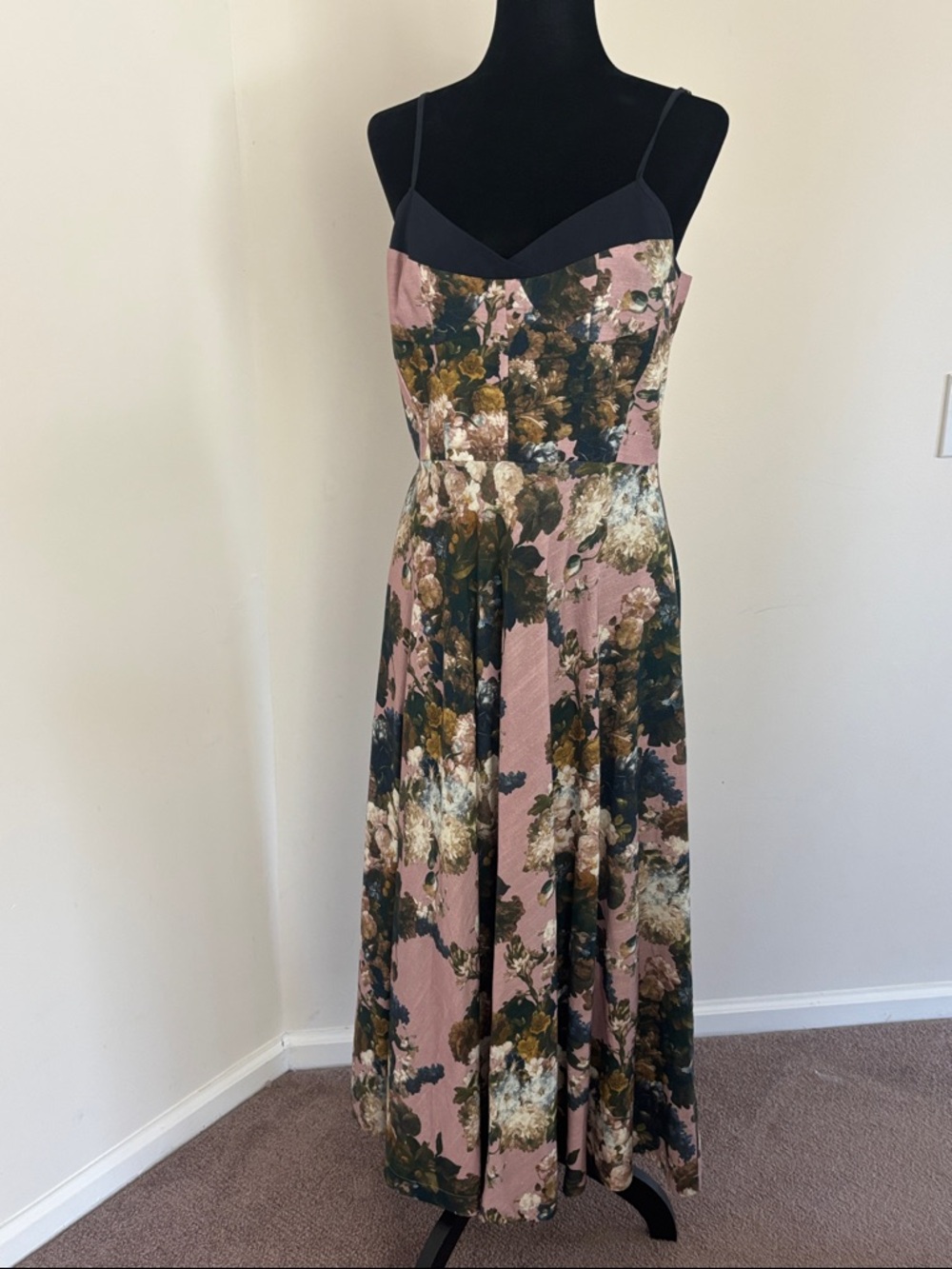 Anthropologie Pink Floral Maxi Dress with Navy Bodice